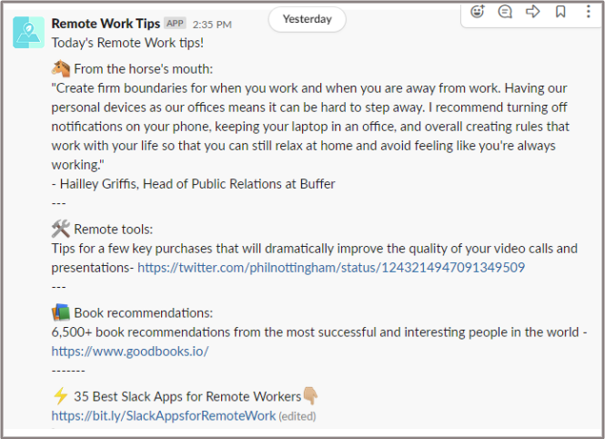 Remote Work Tips Slack app