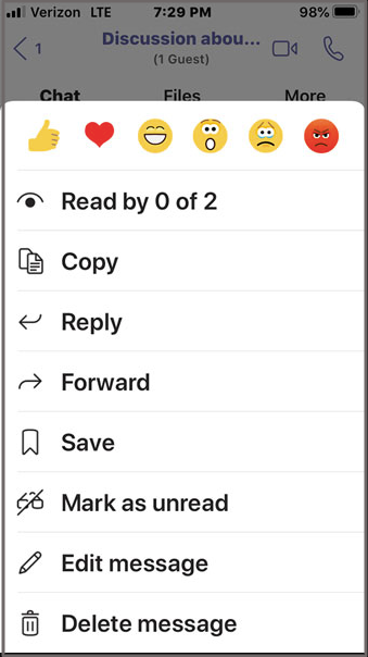 Reacting to a message using Teams app
