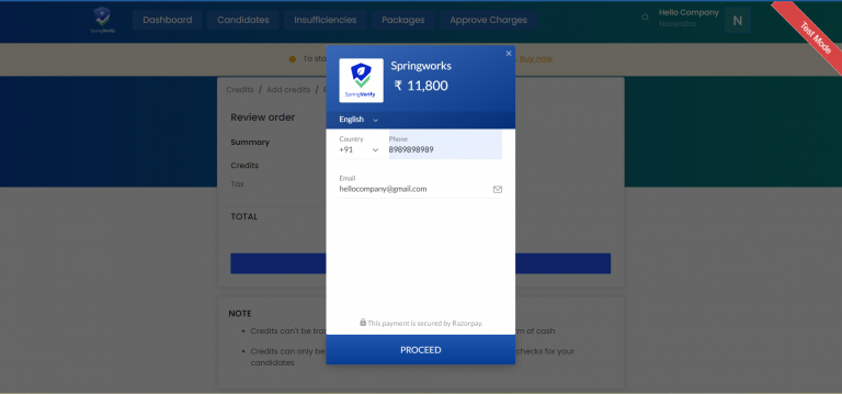SpringVerify payment screenshot