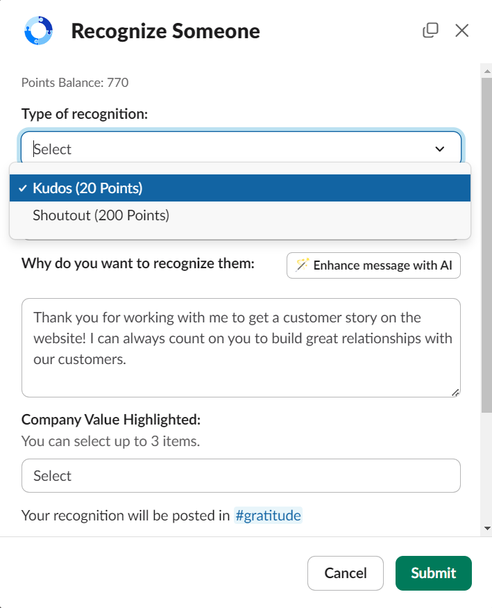 Peer recognition in EngageWith for employee engagement