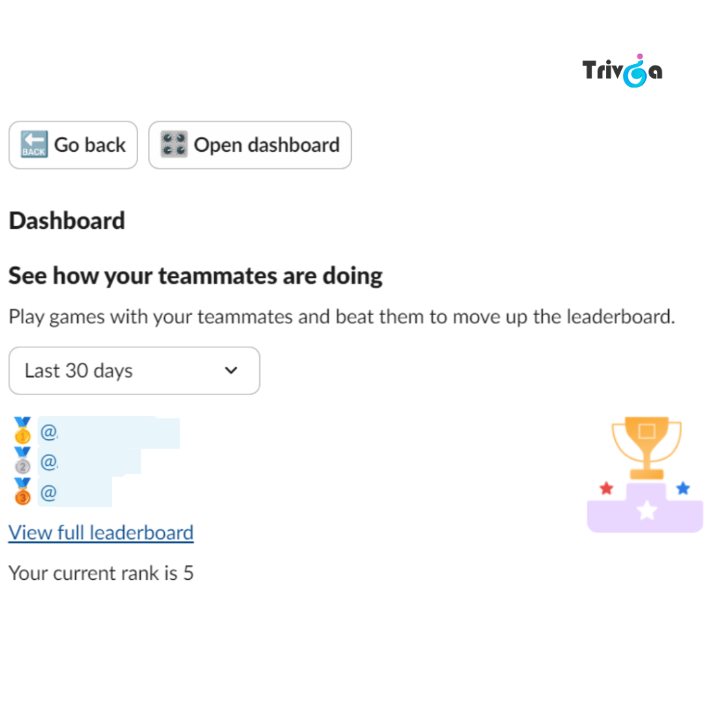 employee engagement leaderboard, work games dashboard 